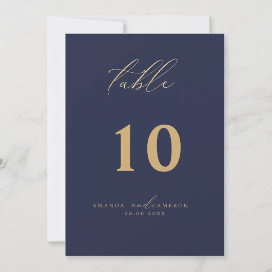 Gold Calligraphy Navy Wedding Tischnummer (Vorderseite)