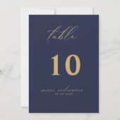 Gold Calligraphy Navy Wedding Tischnummer (Rückseite)