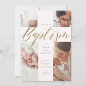 Gold Calligraphy Photo Collage Baby Baptism Cross Einladung (Vorderseite)