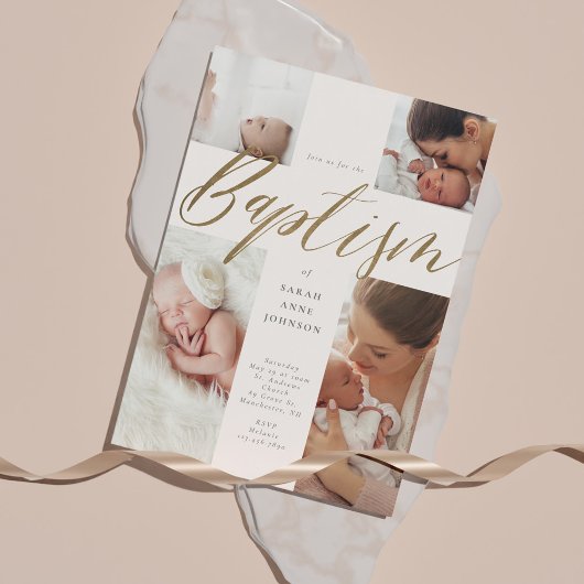 Gold Calligraphy Photo Collage Baby Baptism Cross Einladung