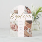 Gold Calligraphy Photo Collage Baby Baptism Cross Einladung (Stehend Vorderseite)