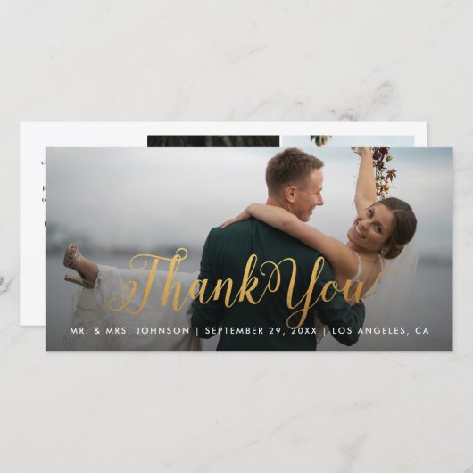 Gold Calligraphy Photo Thank You Tall Card Dankeskarte (Vorne/Hinten)