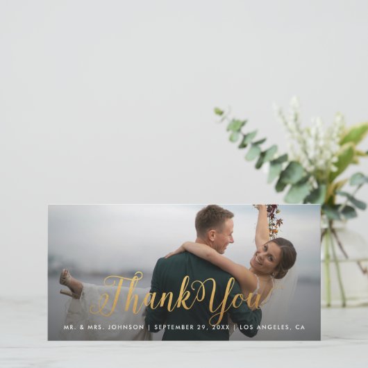 Gold Calligraphy Photo Thank You Tall Card Dankeskarte (Stehend Vorderseite)