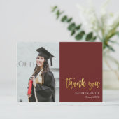 Gold Calligraphy Red Modern Foto Abschluss Dankeskarte (Stehend Vorderseite)