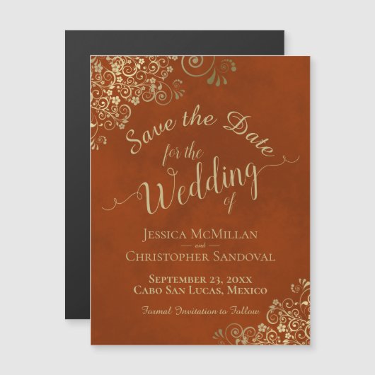 Gold Calligraphy Rust Orange Speichern Sie das Dat Magnetkarte (Vorne/Hinten)