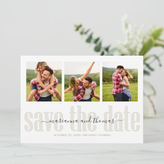 Gold Calligraphy Script Stilvolles Multi-Foto Save The Date (Stehend Vorderseite)