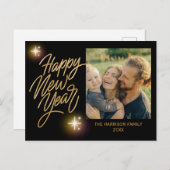 Gold Calligraphy Twinkle Star Foto Neujahr Schwarz Postkarte (Vorne/Hinten)