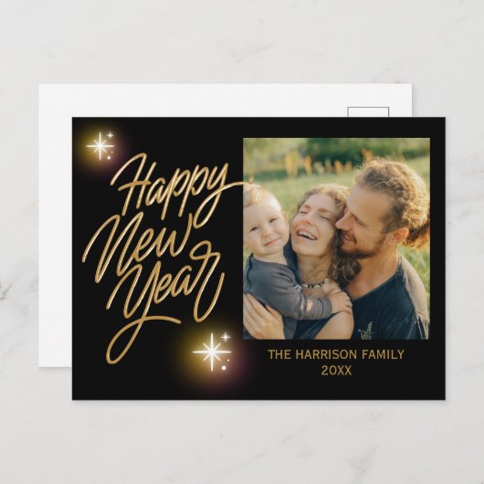 Gold Calligraphy Twinkle Star Foto Neujahr Schwarz Postkarte (Vorne/Hinten)