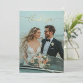 Gold Calligraphy Wedding Foto Danke-Card Dankeskarte (Stehend Vorderseite)