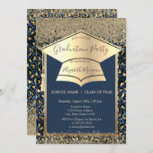 Gold-Cap, Diamonds Blue Leopard-Abschluss Einladung (Vorne/Hinten)