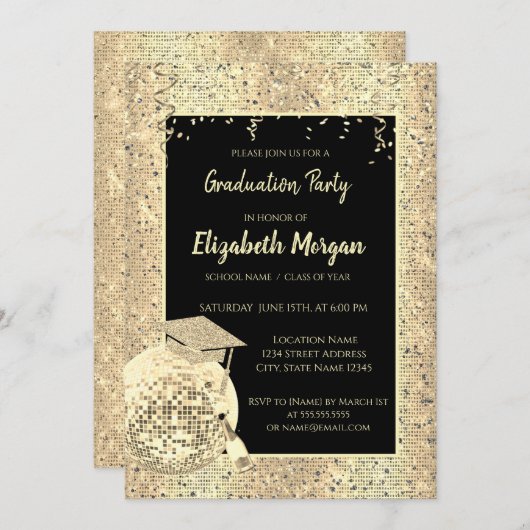 Gold-Cap, Disco-Ball, Violetserien Einladung (Vorne/Hinten)