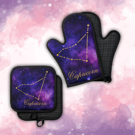 Gold Capricorn Constellation on Dark Galaxy| Ofenhandschuh & Topflappen-Set