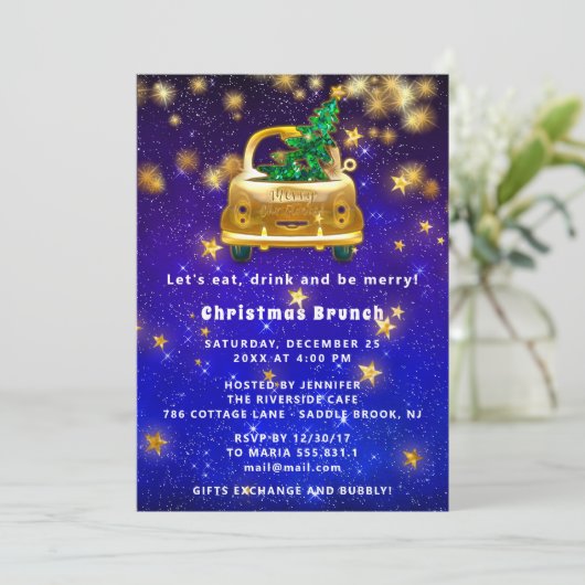 Gold Car Frohe Weihnachts Brunch Dinner Star Navy Einladung (Stehend Vorderseite)