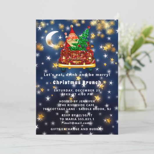 Gold Car Frohe Weihnachtsfeier Abendessen Santa Na Einladung (Stehend Vorderseite)