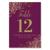 Gold & Cassis Lila Elegante Frilly Wedding Tischnummer (Rückseite)