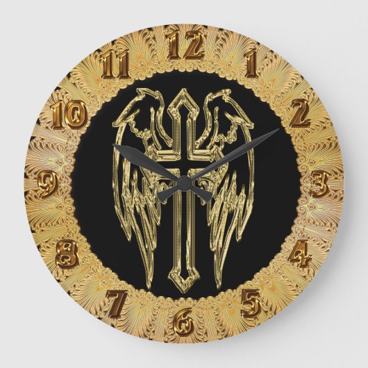Gold catholic cross with wings große wanduhr (Vorderseite)