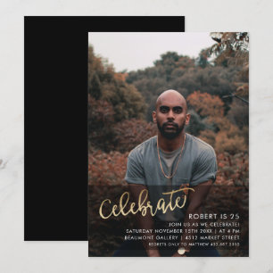 Gold Celebrate Script Custom Foto Birthday Einladung