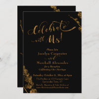 Gold "Celebrate with us" mit Botanicals auf schwar