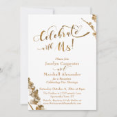 Gold "Celebrate with us" mit Botanicals auf Weiß Einladung (Vorderseite)