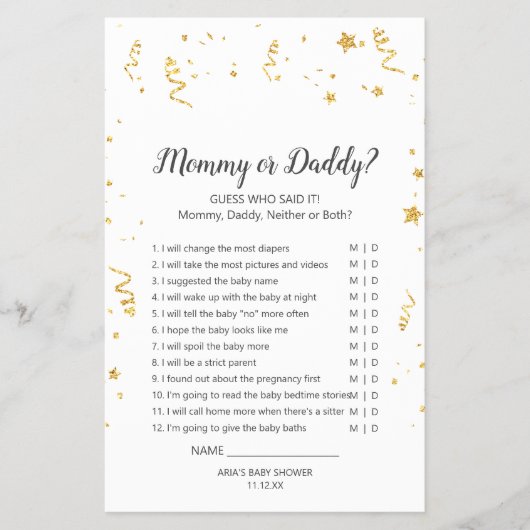 Gold Celebration Baby Shower Mommy oder Daddy Game Flyer (Vorne)