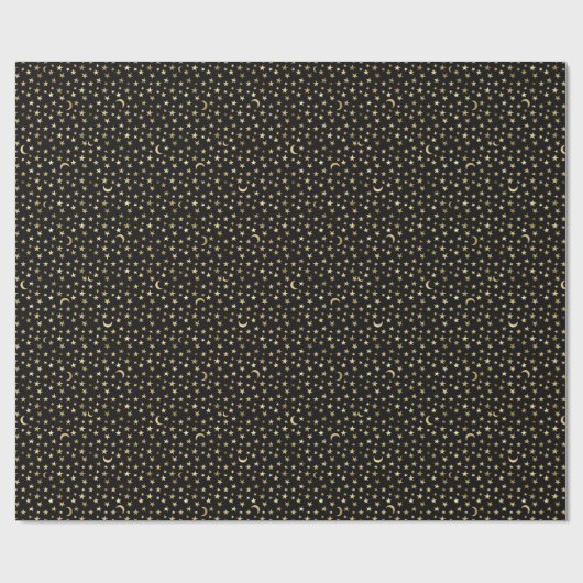 Gold Celestial Moon and Stars Black Geschenkpapier (Flach)