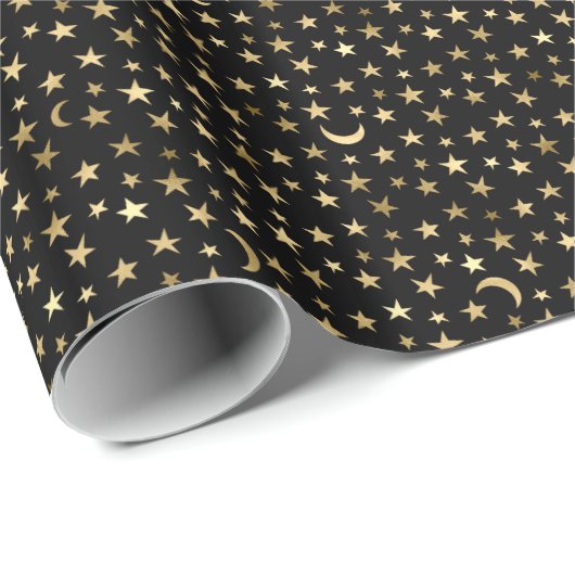 Gold Celestial Moon and Stars Black Geschenkpapier (Rolleneckpunkt)