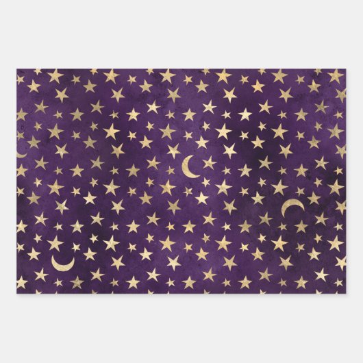 Gold Celestial Moon and Stars Dunkel Lila Geschenkpapier Set (Vorderseite 2)