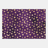 Gold Celestial Moon and Stars Dunkel Lila Geschenkpapier Set (Vorderseite)