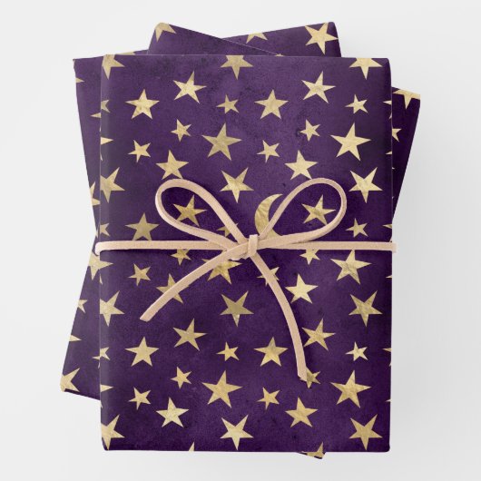 Gold Celestial Moon and Stars Dunkel Lila Geschenkpapier Set (Beispiel)