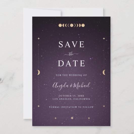 Gold Celestial Moon Lila Galaxy Universe Cosmic Save The Date (Vorderseite)