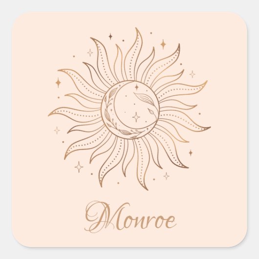 Gold Celestial Sun & Moon auf Blush Quadratischer Aufkleber (Vorderseite)