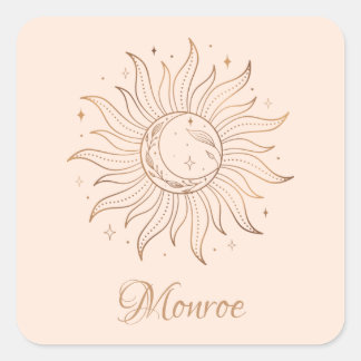 Gold Celestial Sun & Moon auf Blush Quadratischer Aufkleber