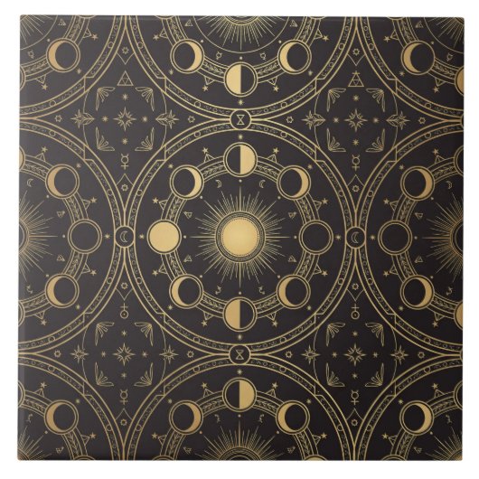 Gold Celestial Sun Moon Phases Geometric Pattern Fliese (Vorderseite)