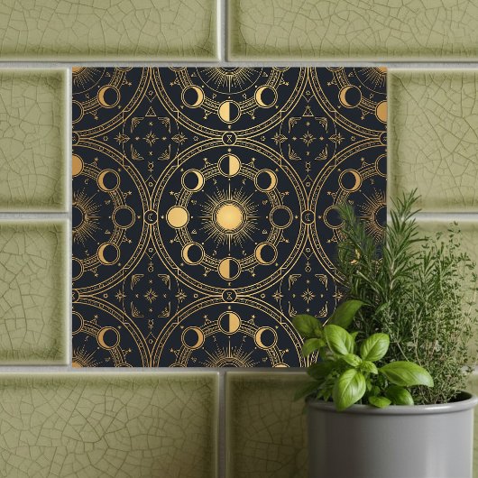 Gold Celestial Sun Moon Phases Geometric Pattern Fliese