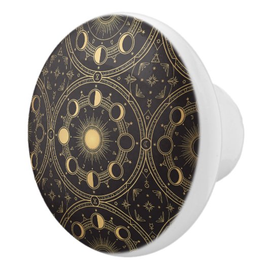 Gold Celestial Sun Moon Phases Geometric Pattern Keramikknauf (Rechts)