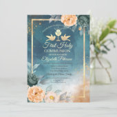 Gold Chalice Green Rose Erste Heilige Kommune Einladung (Stehend Vorderseite)