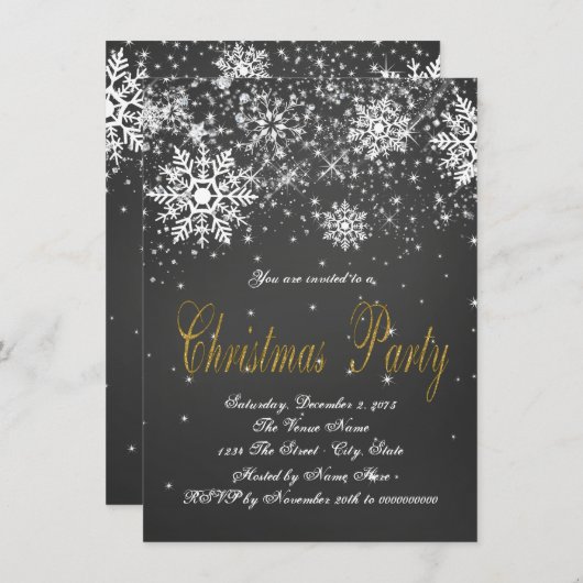 Gold Chalkboard Snowflake Weihnachts-Party Einladung (Vorne/Hinten)