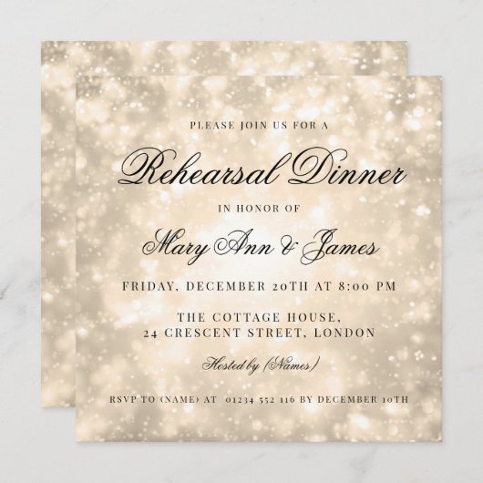 Gold Champagne Bokeh Elegantes Probe Dinner Einladung (Vorne/Hinten)