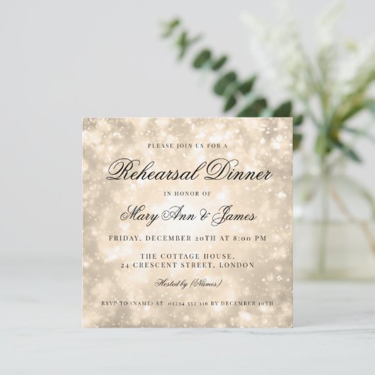 Gold Champagne Bokeh Elegantes Probe Dinner Einladung (Stehend Vorderseite)