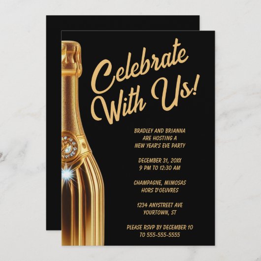 Gold Champagne Bottle on Black New Year's Eve Einladung (Vorne/Hinten)