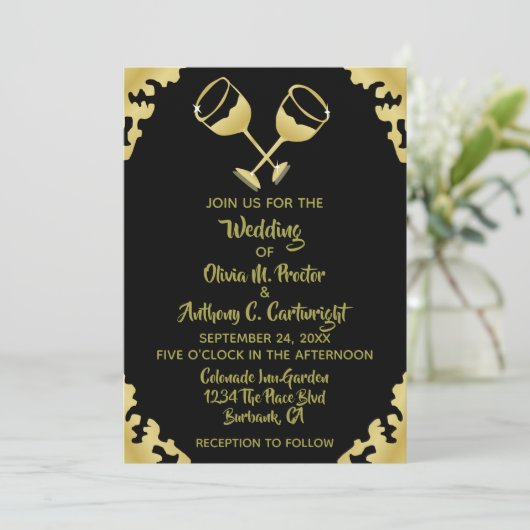 Gold Champagne Brillen Black and Gold Wedding Invi Einladung (Stehend Vorderseite)