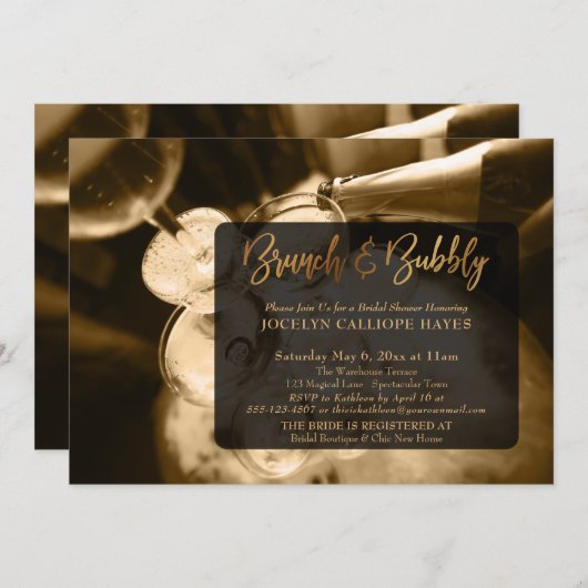 Gold Champagne Brunch & Bubbly Handschrift Einladung (Vorne/Hinten)