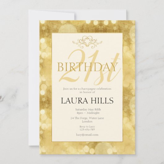 Gold Champagne Bubbles 21. Geburtstag Einladung (Vorderseite)