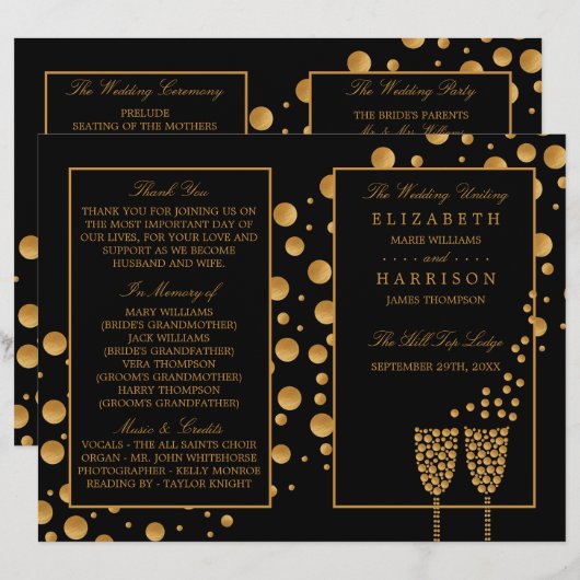 Gold Champagne Bubbles BlackGold Wedding Program (Vorne/Hinten)