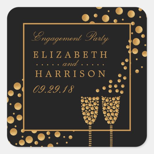 Gold Champagne Bubbles Engagement Party Quadratischer Aufkleber (Vorderseite)