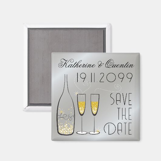 Gold Champagne Bubbles Silver Modern Save the Date Magnet (Vorderseite/Rückseite)