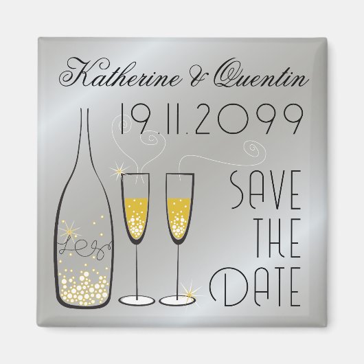 Gold Champagne Bubbles Silver Modern Save the Date Magnet (Vorne)