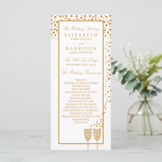 Gold Champagne Bubbles Wedding Programm (Stehend Vorderseite)