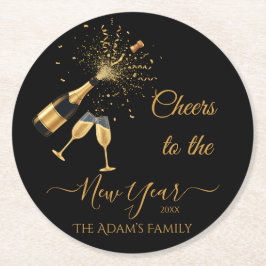 Gold Champagne Cheers New Year Runder Pappuntersetzer