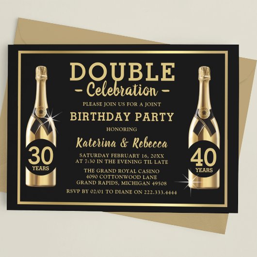 Gold Champagne Elegante Double Birthday Party Einladung